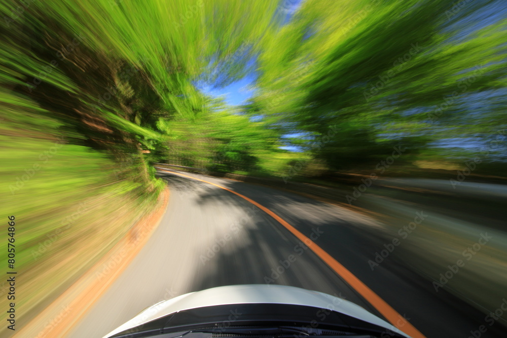 Obraz premium 神戸六甲山、新緑のワインディングロード