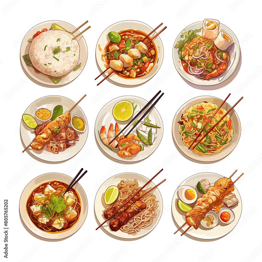 Set of various Asian dishes, snacks, wok, rice, noodles, seafood. Street food, restaurants, takeaway, boxed food delivery. Illustration on transparent background, top view Set of various Asian dishes, snacks, wok, rice, noodles, seafood. Street food, restaurants, takeaway, boxed food delivery. Illustration on transparent background, top view