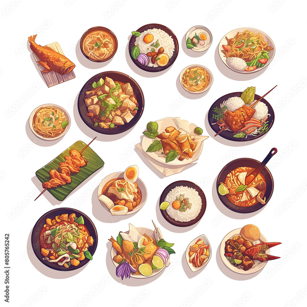 Set of various Asian dishes, snacks, wok, rice, noodles, seafood. Street food, restaurants, takeaway, boxed food delivery. Illustration on transparent background, top view