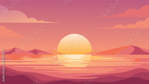 A soft pink and orange sunset casting a warm glow over the peaceful sea creating a serene atmosphere.. Vector illustration