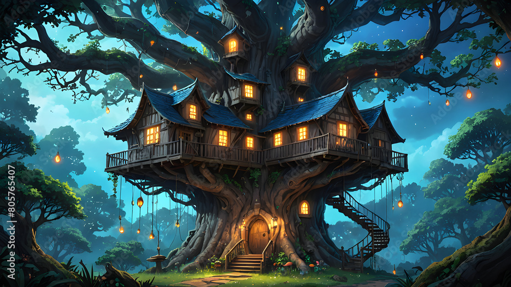 Fototapeta premium Explore the Mystery of A Wizard's Enormous, Scary Oak Tree House