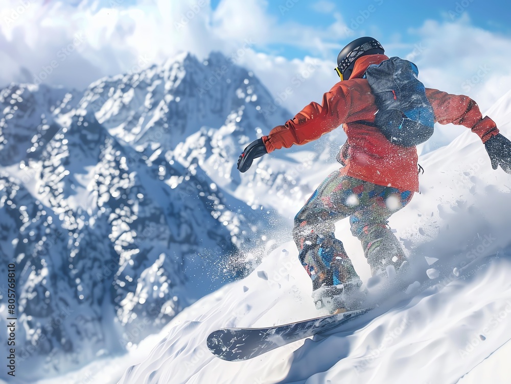 A snowboarder carves through fresh powder on a steep mountain slope
