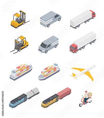 Transport isometric set with ships, plane, forklift, loader, industrial ships, lorry, delivery car, tanker, cargo. Logistic vector illustration.