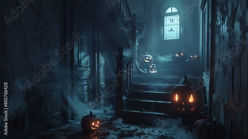 A dark and spooky hallway with a staircase leading up to a large door. The walls are lined with jack-o'-lanterns and there is a thick fog in the air. photo