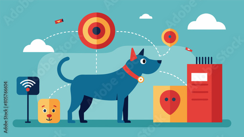 A hightech tracker that can be programmed to send an alert when your pet crosses a specific perimeter keeping them safe and sound.. Vector illustration
