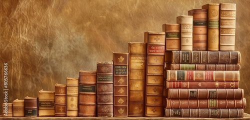An ascending graph made of stacked  antique books  each spine detailed and unique  set against a warm  sepia-toned background  connecting the accumulation of knowledge with upward progress. 