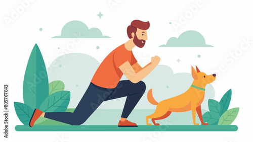 A man and his dog show how to incorporate your furry friend into a cozy and comfortable outdoor workout routine both getting their daily exercise in a. Vector illustration