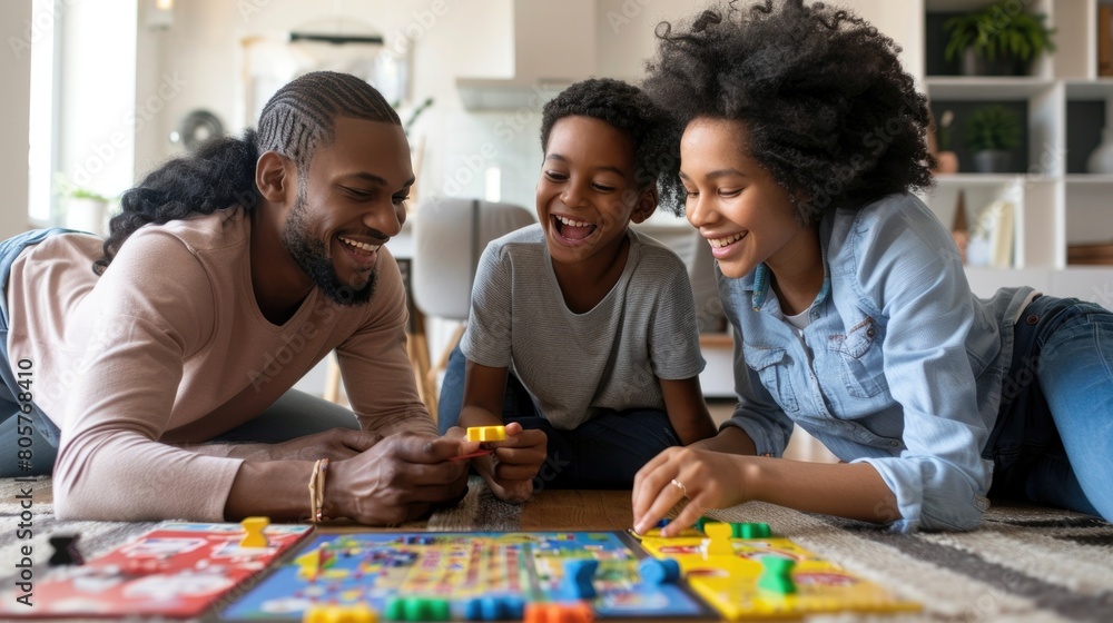Excited Family Playing Board Games Together on Cozy Living Room Floor Excited Family Playing Board Games Together on Cozy Living Room Floor