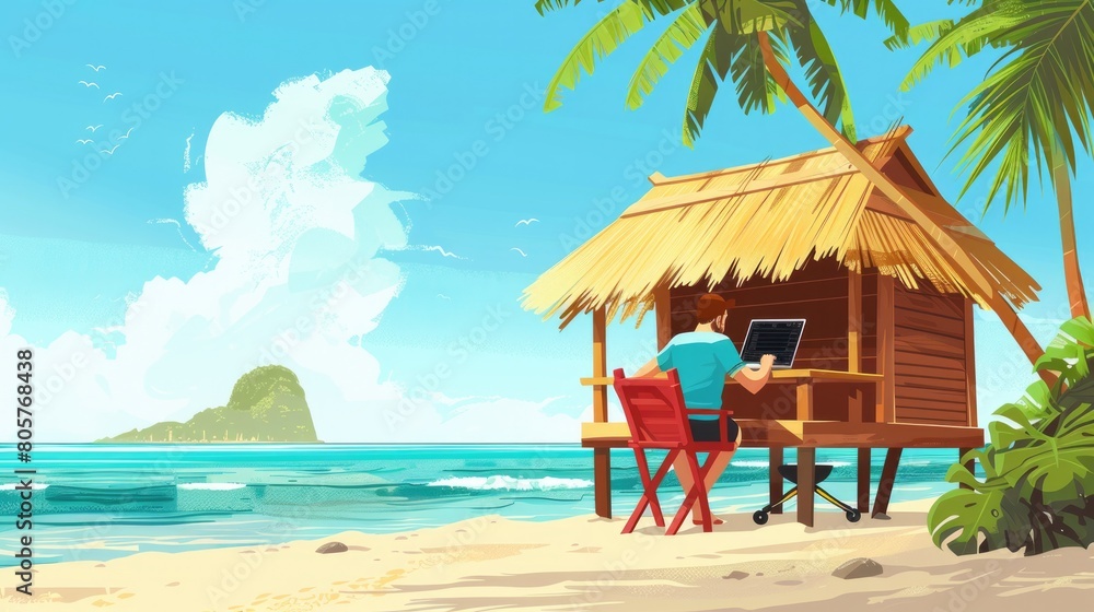 Freelance Nomad Working on Laptop at Tropical Beach Hut