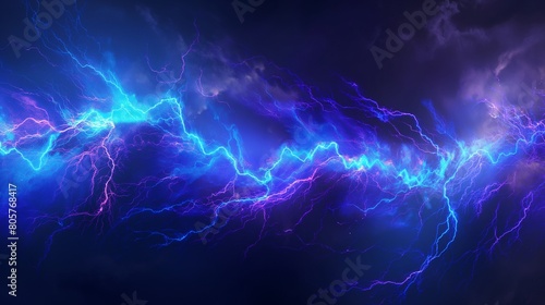 An electric blue and vibrant purple lightning storm, frozen in time against a dark, stormy sky, offering a dynamic and powerful abstract representation of nature's energy. 