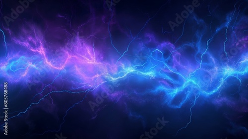 An electric blue and vibrant purple lightning storm, frozen in time against a dark, stormy sky, offering a dynamic and powerful abstract representation of nature's energy.  photo