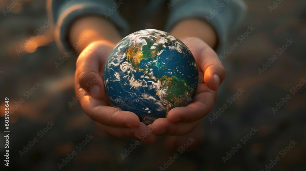 3D visual of a childs hands holding a delicately detailed Earth 3D visual of a childs hands holding a delicately detailed Earth