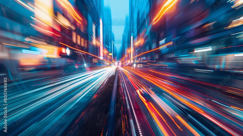Background of a fast-moving urban scene with streaks of light capturing the essence of speed