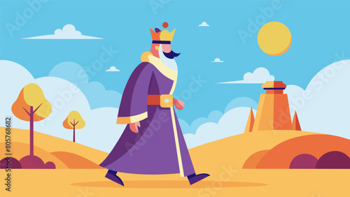 With each step of his morning walk the emperor takes in the sights and sounds of his surroundings grounding himself in the present moment.. Vector illustration