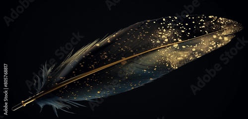 An elegant, black feather quill, its tip dipped in shimmering gold ink, set against a fancy, deep black background, evoking a sense of nostalgia and timeless sophistication. 