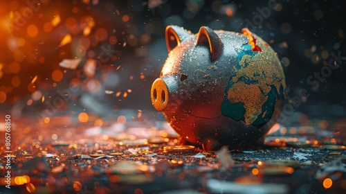 A piggy bank made of metal and has a globe on its side sits in front of a fiery background. photo