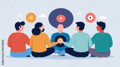 In a support group for individuals struggling with addiction music therapy using vinyl records helps them find a sense of camaraderie and release. The Vector illustration