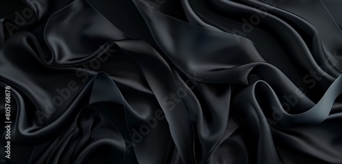 An elegant, black silk ribbon, twisted and curled to form an abstract pattern, set against a sophisticated, dark background, capturing the fluidity and grace of luxury fabrics. 