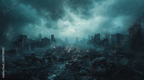 An apocalyptic vision of the Earth post-nuclear war with cities in ruins under a dark stormy sky and ashen rain falling