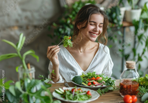 A young woman is sitting at a table eating salad  smiling happily with her eyes closed in front of you