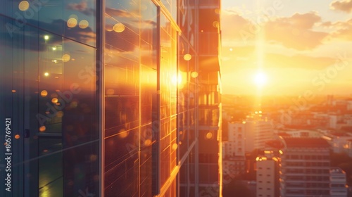 Stunning image showcasing solar panel installation on a building, against a backdrop of bright morning light and bokeh, ideal for promoting renewable energy solutions