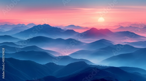 Layered parfait mountains with creamy peaks  blurred dawn sky