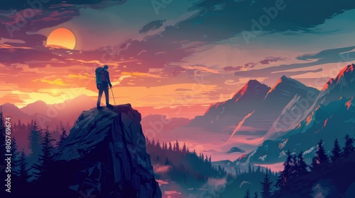 Wanderlust Concept with Hiker Enjoying Sunset on Mountain Peak