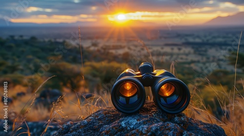 Close-up of binoculars overlooking a safari landscape, blurred African savannah
