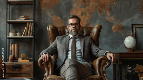 Portrait of handsome businessman sitting on armchair in office and looking at camera