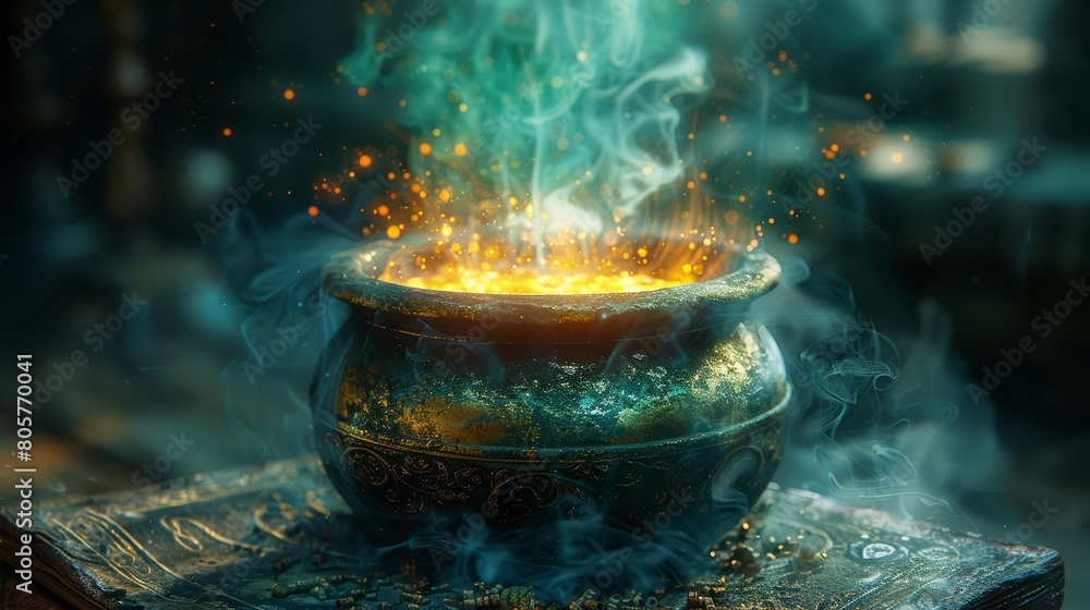 A sorcerer's potion brewing in a cauldron, blurred alchemy books A sorcerer's potion brewing in a cauldron, blurred alchemy books