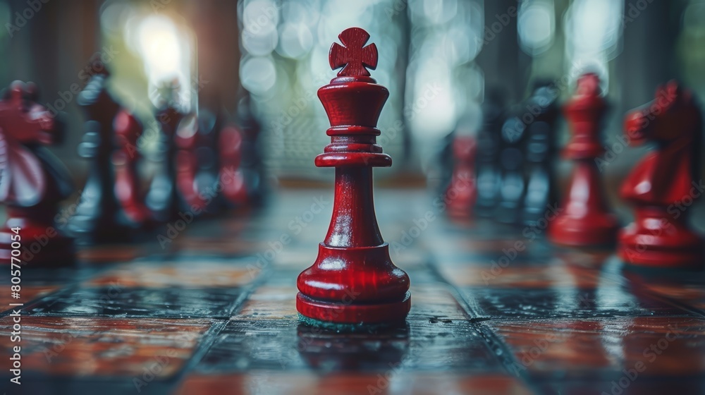 A single red chess piece facing opposite direction among white ones, blurred game board A single red chess piece facing opposite direction among white ones, blurred game board