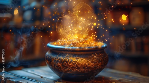 A sorcerer's potion brewing in a cauldron, blurred alchemy books