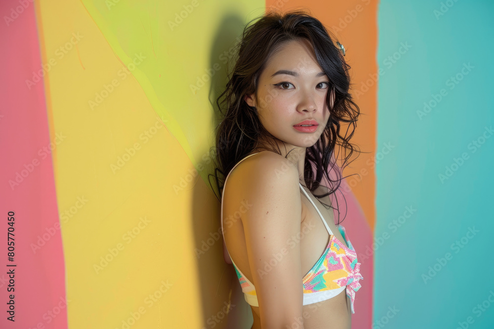 an attractive asian female model posing in whiteon color