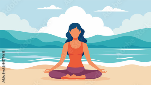 A woman practicing yoga on a beach her calmness a stark contrast to the turbulent waves.. Vector illustration
