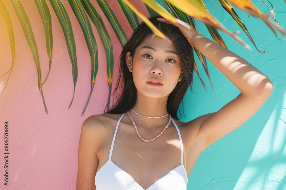 an attractive asian female model posing in whiteon color