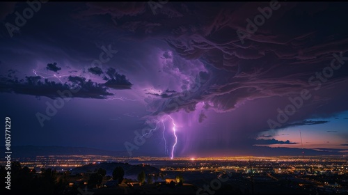 The moment a powerful lightning bolt splits the night sky, bathing an urban landscape in a mysterious purple light.