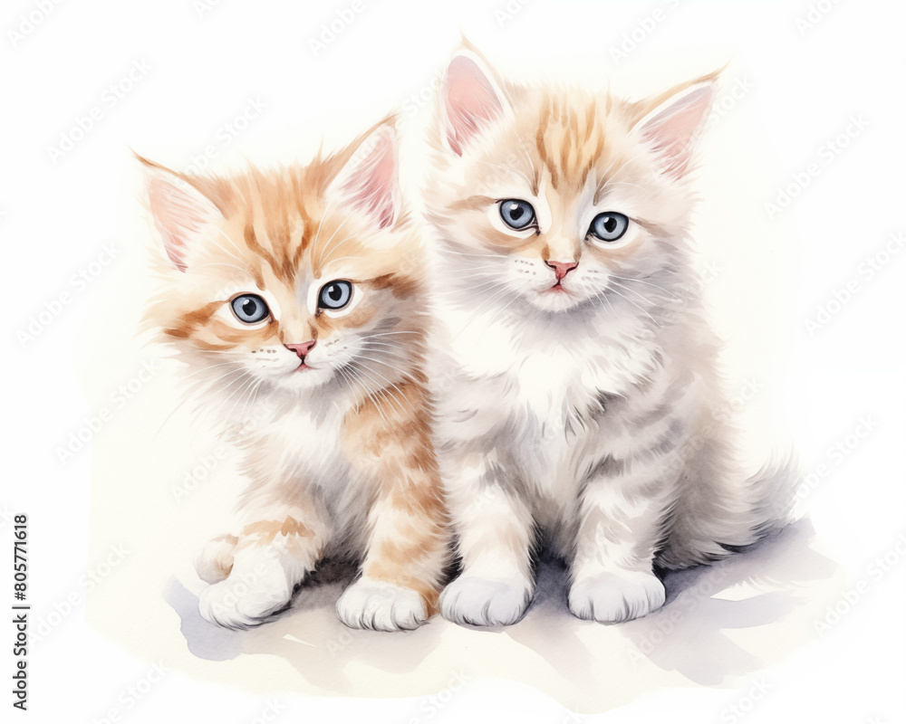 Watercolor painting of two kittens. Cats are small carnivorous mammals. It is the only species in
 the tiger and cat families. Used for making wallpaper, posters, postcards, brochures.