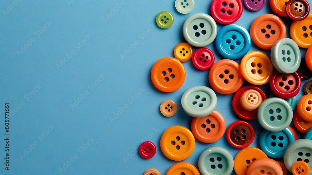 Blue background with colored sewing buttons in the form of a bunch of balls Blue background with colored sewing buttons in the form of a bunch of balls