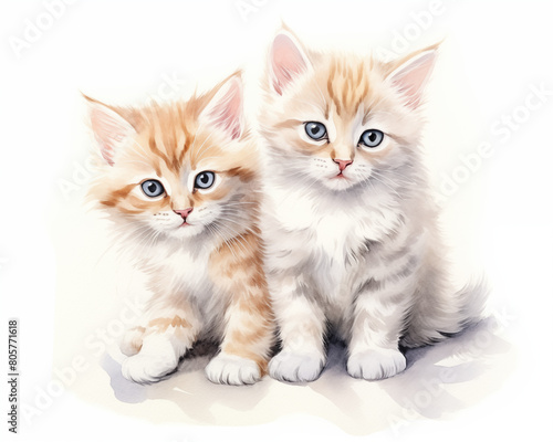 Watercolor painting of two kittens. Cats are small carnivorous mammals. It is the only species in the tiger and cat families. Used for making wallpaper, posters, postcards, brochures.