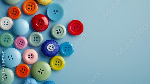 Blue background with colored sewing buttons in the form of a bunch of balls