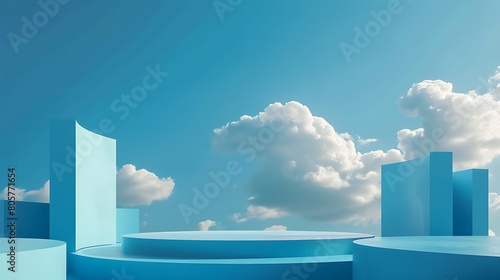 blue color podium and minimal blue sky scene