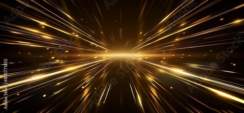 A dynamic dark background filled with golden light rays and horizontal lines, featuring speed and glowing effects that create a sense of movement and energy. Particles are seen flying in the air