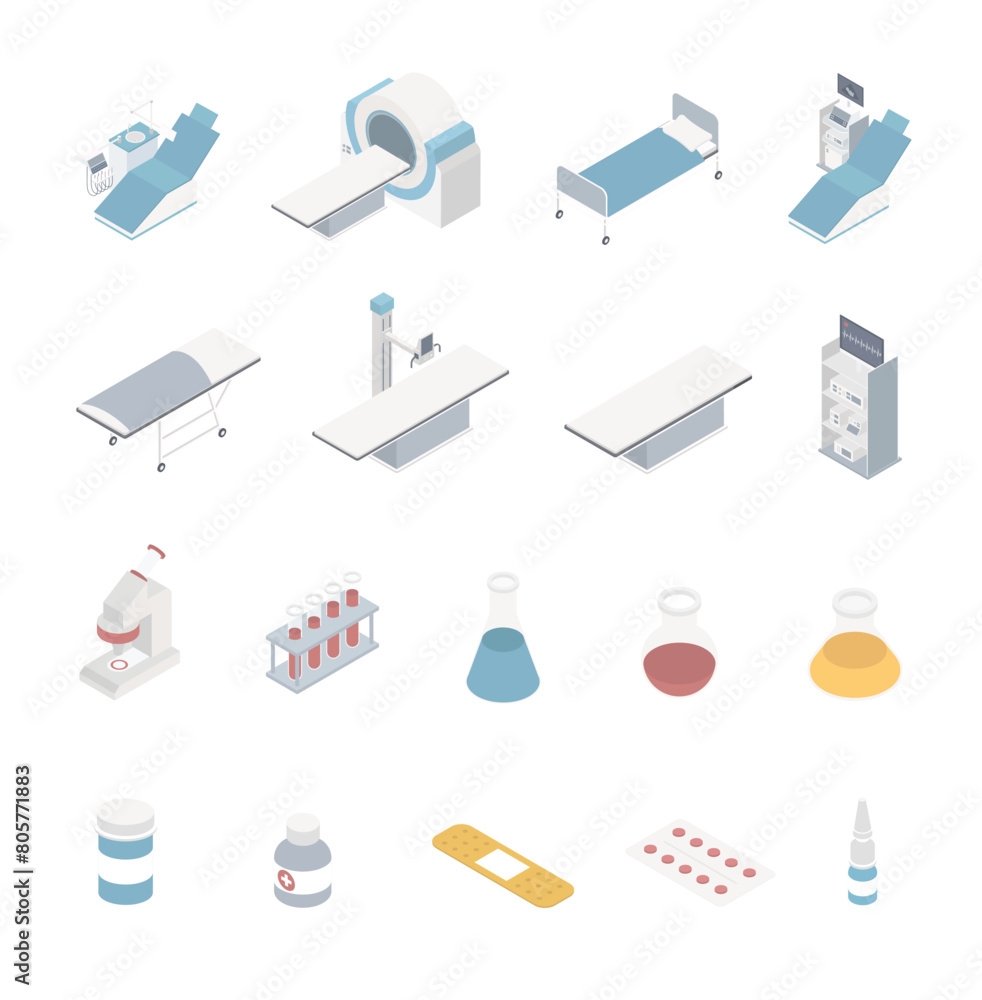 Hospital equipment and medicines isometric icons set isolated vector illustration. Hospital equipment and medicines isometric icons set isolated vector illustration.
