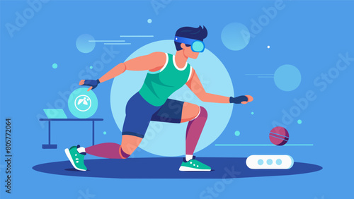 An athlete uses a virtual reality program to rehab and recover from an injury simulating movements and exercises to help strengthen and heal their. Vector illustration