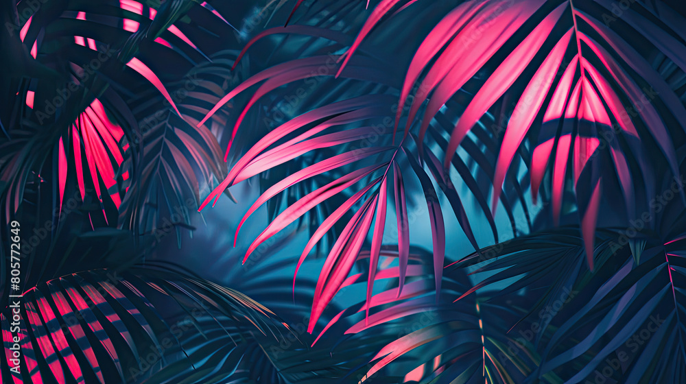 Abstract tropical background with palm leaves with blue and pink light