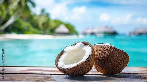 Halved coconut on the table with palms and the sea on background on sunny day