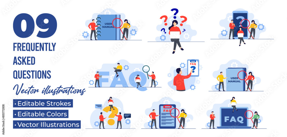 Set of flat illustrations of frequently asked questions concepts, FAQ 