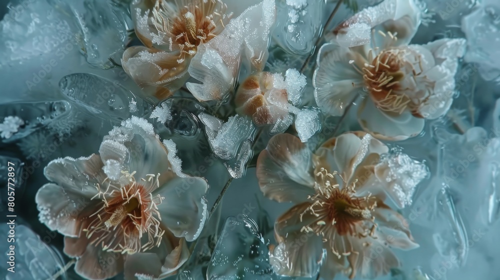 Dive into the surreal beauty of abstract art featuring frozen flowers immersed in ice, water, and milk, their delicate forms suspended in time and captured in stunning detail by an HD camera Dive into the surreal beauty of abstract art featuring frozen flowers immersed in ice, water, and milk, their delicate forms suspended in time and captured in stunning detail by an HD camera