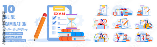 Set of paper test with timer and hourglass, Exam concept flat illustration concept, Examination, Survey, Checklist, Test 