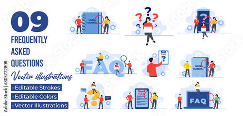 Set of flat illustrations of frequently asked questions concepts, FAQ 